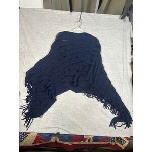 MAXSPORT Dark Navy Blue Knit Fringe Poncho Shawl One Size